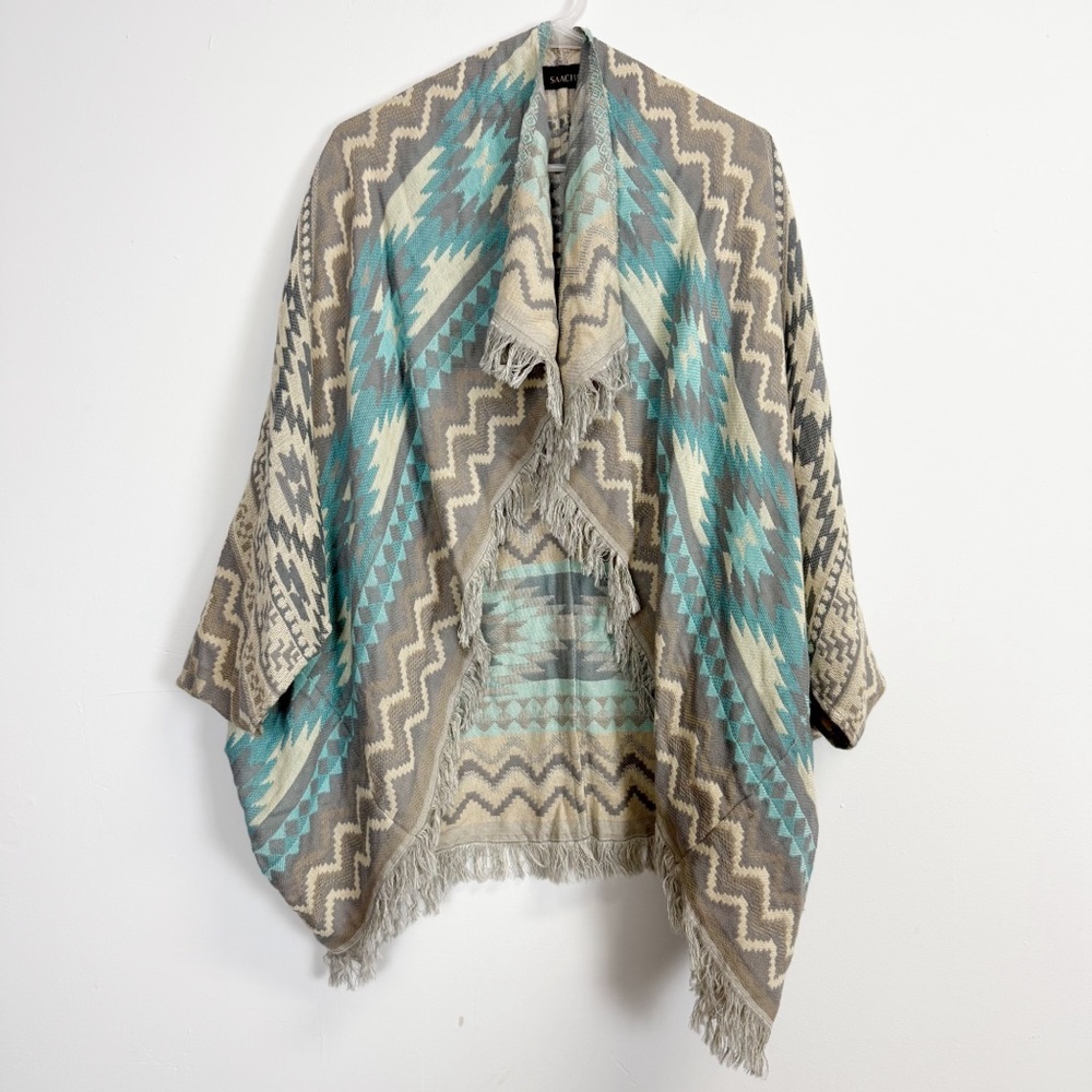 Saachi Cardigan Poncho Womens OS Gray Blue Aztec Southwest Fringe Boho Wrap
